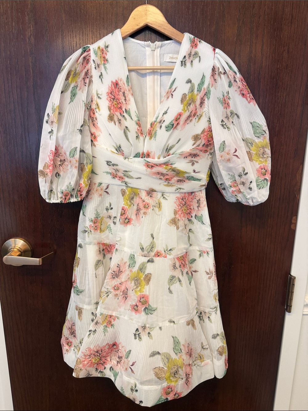 Zimmermann White Floral V-Neck Puff Sleeve Dress with Pink and Yellow Blooms